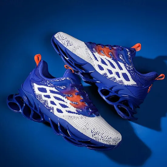 Hot OUKU Men's Blue Athletic Sneakers with Unique Hollow Sole Design, Breathable Knit Upper, and Flame Detail – Lightweight Running Shoes with Orange Accents