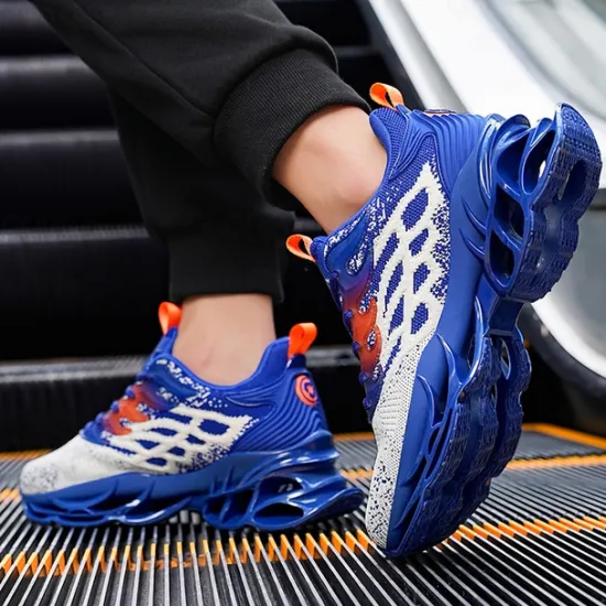 Hot OUKU Men's Blue Athletic Sneakers with Unique Hollow Sole Design, Breathable Knit Upper, and Flame Detail – Lightweight Running Shoes with Orange Accents