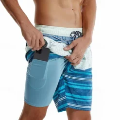 New OUKU Men's Board Shorts Swim Shorts Swim Trunks Drawstring Elastic Waist With Compression Liner Striped Comfort Quick Dry Short Holiday Beach Weekend Fashion Casual Micro-elastic Blue