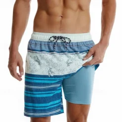 New OUKU Men's Board Shorts Swim Shorts Swim Trunks Drawstring Elastic Waist With Compression Liner Striped Comfort Quick Dry Short Holiday Beach Weekend Fashion Casual Micro-elastic Blue