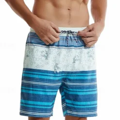 New OUKU Men's Board Shorts Swim Shorts Swim Trunks Drawstring Elastic Waist With Compression Liner Striped Comfort Quick Dry Short Holiday Beach Weekend Fashion Casual Micro-elastic Blue