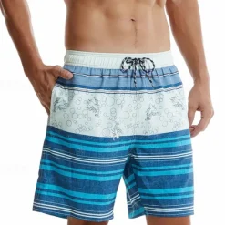 New OUKU Men's Board Shorts Swim Shorts Swim Trunks Drawstring Elastic Waist With Compression Liner Striped Comfort Quick Dry Short Holiday Beach Weekend Fashion Casual Micro-elastic Blue
