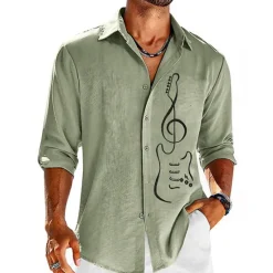Online OUKU Men's Boardmasters Guitar Shirt Button Up Shirt Long Sleeve Fashion Streetwear Designer Outdoor Casual Daily Summer Spring Fall Turndown Print Blue Green Gray