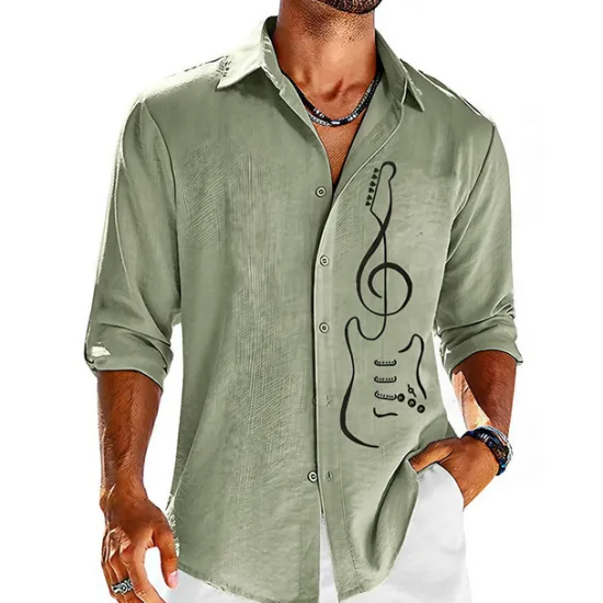 Online OUKU Men's Boardmasters Guitar Shirt Button Up Shirt Long Sleeve Fashion Streetwear Designer Outdoor Casual Daily Summer Spring Fall Turndown Print Blue Green Gray
