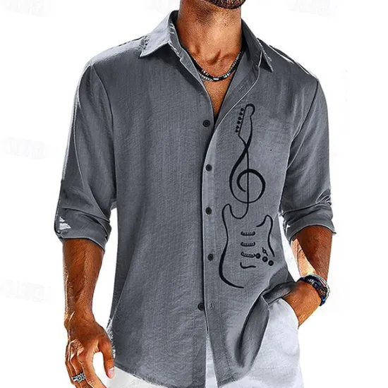 Online OUKU Men's Boardmasters Guitar Shirt Button Up Shirt Long Sleeve Fashion Streetwear Designer Outdoor Casual Daily Summer Spring Fall Turndown Print Blue Green Gray