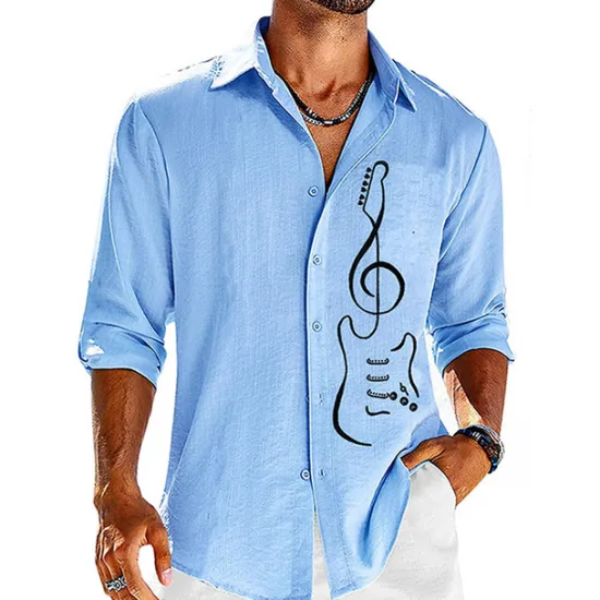 Online OUKU Men's Boardmasters Guitar Shirt Button Up Shirt Long Sleeve Fashion Streetwear Designer Outdoor Casual Daily Summer Spring Fall Turndown Print Blue Green Gray