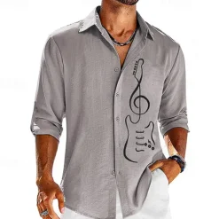 Online OUKU Men's Boardmasters Guitar Shirt Button Up Shirt Long Sleeve Fashion Streetwear Designer Outdoor Casual Daily Summer Spring Fall Turndown Print Blue Green Gray