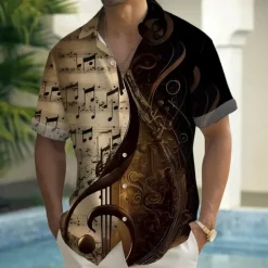 New OUKU Men's Boardmasters Guitar Musical Notes Shirt Summer Shirt Button Up Shirt Short Sleeve Vintage Retro Outdoor Vacation Dailywear Summer Spring Turndown 3D Print Collared Shirts Front One Pocket Brown