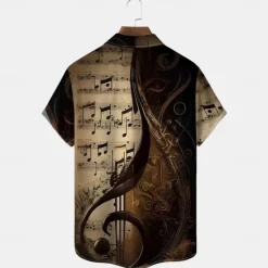 New OUKU Men's Boardmasters Guitar Musical Notes Shirt Summer Shirt Button Up Shirt Short Sleeve Vintage Retro Outdoor Vacation Dailywear Summer Spring Turndown 3D Print Collared Shirts Front One Pocket Brown