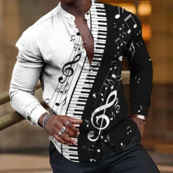 Best OUKU Men's Boardmasters Music Notes Shirt Button Up Shirt Long Sleeve Fashion Streetwear Designer Outdoor Casual Daily Summer Spring Fall Stand Collar Print White Pink Blue Green Khaki