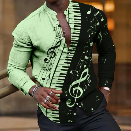 Best OUKU Men's Boardmasters Music Notes Shirt Button Up Shirt Long Sleeve Fashion Streetwear Designer Outdoor Casual Daily Summer Spring Fall Stand Collar Print White Pink Blue Green Khaki