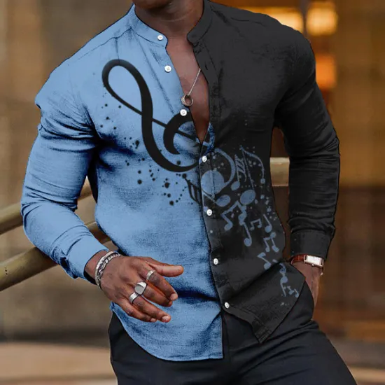Discount OUKU Men's Boardmasters Music Notes Shirt Button Up Shirt Long Sleeve Fashion Streetwear Designer Outdoor Casual Daily Summer Spring Fall Stand Collar Print Pink Blue Green Khaki Gray