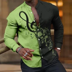 Discount OUKU Men's Boardmasters Music Notes Shirt Button Up Shirt Long Sleeve Fashion Streetwear Designer Outdoor Casual Daily Summer Spring Fall Stand Collar Print Pink Blue Green Khaki Gray