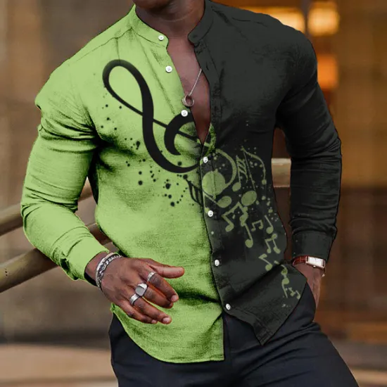 Discount OUKU Men's Boardmasters Music Notes Shirt Button Up Shirt Long Sleeve Fashion Streetwear Designer Outdoor Casual Daily Summer Spring Fall Stand Collar Print Pink Blue Green Khaki Gray