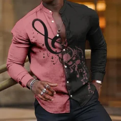 Discount OUKU Men's Boardmasters Music Notes Shirt Button Up Shirt Long Sleeve Fashion Streetwear Designer Outdoor Casual Daily Summer Spring Fall Stand Collar Print Pink Blue Green Khaki Gray