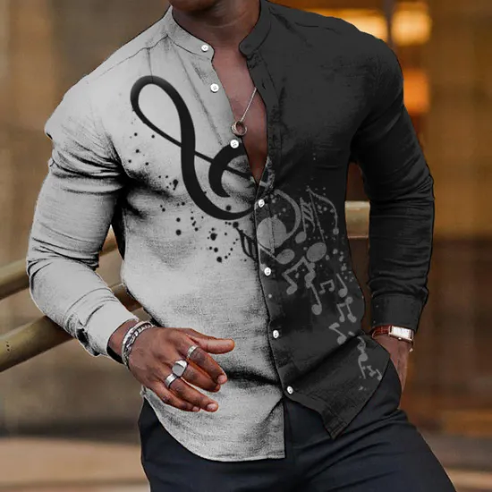 Discount OUKU Men's Boardmasters Music Notes Shirt Button Up Shirt Long Sleeve Fashion Streetwear Designer Outdoor Casual Daily Summer Spring Fall Stand Collar Print Pink Blue Green Khaki Gray