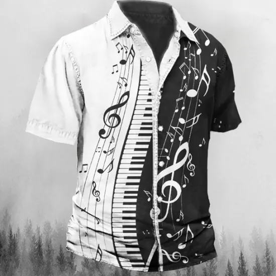 New OUKU Men's Boardmasters Music Notes Shirt Button Up Shirt Short Sleeve Fashion Streetwear Designer Street Casual Daily Summer Spring Turndown Print Black Black / Brown Orange White+White Gray