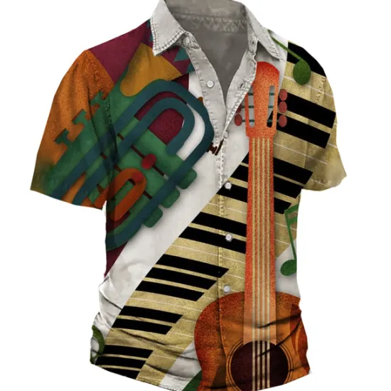 New OUKU Men's Boardmasters Music Notes Shirt Button Up Shirt Short Sleeve Fashion Streetwear Designer Street Casual Daily Summer Spring Turndown Print Black Black / Brown Orange White+White Gray
