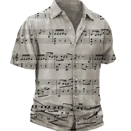 New OUKU Men's Boardmasters Music Notes Shirt Button Up Shirt Short Sleeve Fashion Streetwear Designer Street Casual Daily Summer Spring Turndown Print Black Black / Brown Orange White+White Gray