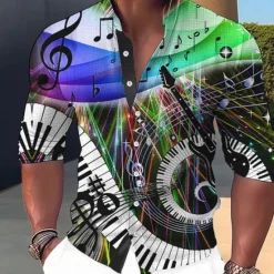 Outlet OUKU Men's Boardmasters Music Notes Shirt Button Up Shirt Long Sleeve Fashion Streetwear Designer Outdoor Casual Daily Summer Spring Fall Stand Collar Print Yellow Blue Purple Green Gray
