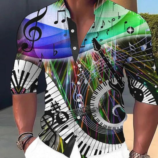 Outlet OUKU Men's Boardmasters Music Notes Shirt Button Up Shirt Long Sleeve Fashion Streetwear Designer Outdoor Casual Daily Summer Spring Fall Stand Collar Print Yellow Blue Purple Green Gray