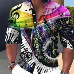 Outlet OUKU Men's Boardmasters Music Notes Shirt Button Up Shirt Long Sleeve Fashion Streetwear Designer Outdoor Casual Daily Summer Spring Fall Stand Collar Print Yellow Blue Purple Green Gray