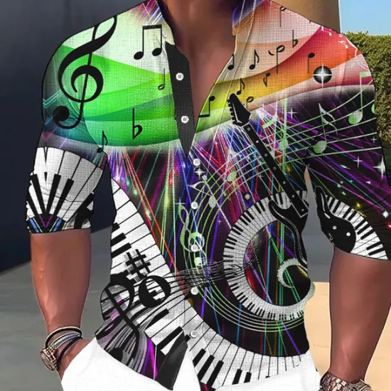 Outlet OUKU Men's Boardmasters Music Notes Shirt Button Up Shirt Long Sleeve Fashion Streetwear Designer Outdoor Casual Daily Summer Spring Fall Stand Collar Print Yellow Blue Purple Green Gray