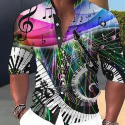 Outlet OUKU Men's Boardmasters Music Notes Shirt Button Up Shirt Long Sleeve Fashion Streetwear Designer Outdoor Casual Daily Summer Spring Fall Stand Collar Print Yellow Blue Purple Green Gray