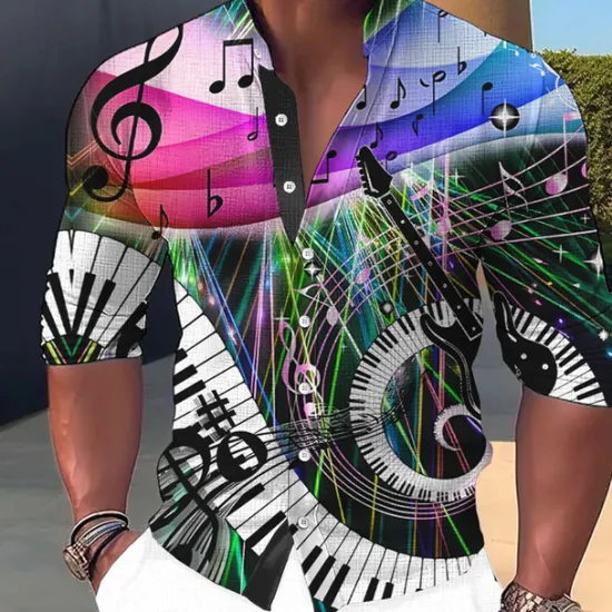 Outlet OUKU Men's Boardmasters Music Notes Shirt Button Up Shirt Long Sleeve Fashion Streetwear Designer Outdoor Casual Daily Summer Spring Fall Stand Collar Print Yellow Blue Purple Green Gray