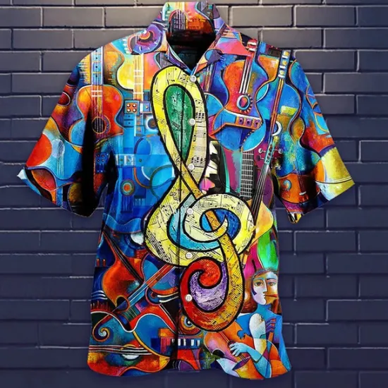 Hot OUKU Men's Boardmasters Music Notes Shirt Summer Hawaiian Shirt Button Up Shirt Short Sleeve Sports Fashion Streetwear Casual Hawaiian Holiday Summer Spring Cuban Collar Print Button-Down Wine Apricot