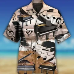 Hot OUKU Men's Boardmasters Music Notes Shirt Summer Hawaiian Shirt Button Up Shirt Short Sleeve Sports Fashion Streetwear Casual Hawaiian Holiday Summer Spring Cuban Collar Print Button-Down Wine Apricot
