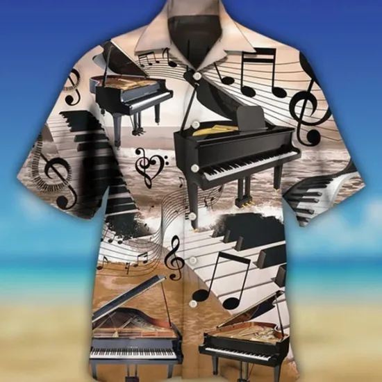 Hot OUKU Men's Boardmasters Music Notes Shirt Summer Hawaiian Shirt Button Up Shirt Short Sleeve Sports Fashion Streetwear Casual Hawaiian Holiday Summer Spring Cuban Collar Print Button-Down Wine Apricot