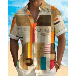 Outlet OUKU Men's Boardmasters Music Notes Shirt Button Up Shirt Short Sleeve Fashion Designer Casual Outdoor Casual Summer Spring Turndown Print Black Green Khaki Coffee Blue+Blue