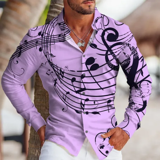 Discount OUKU Men's Boardmasters Notes Shirt Button Up Shirt Long Sleeve Tropical Fashion Designer Outdoor Casual Daily Fall & Winter Turndown Print Button-Down White Pink Blue Purple