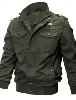 Sale OUKU Men's Bomber Jacket Casual Jacket Daily Vacation Breathable Pocket Spring & Fall Plain Fashion Classic Lapel Regular Black Khaki Army Green Jacket