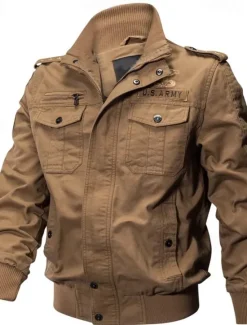 Sale OUKU Men's Bomber Jacket Casual Jacket Daily Vacation Breathable Pocket Spring & Fall Plain Fashion Classic Lapel Regular Black Khaki Army Green Jacket