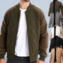 Online OUKU Men's Bomber Jacket Fleece Jacket Padded Casual Daily Vintage Style Fall & Winter Color Block Casual Standing Collar Regular Camel Apricot Black Army Green Grey Jacket