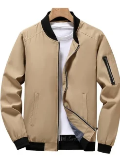 Best OUKU Men's Bomber Jacket Transition Jacket Sports Outdoor Windproof Classic Style All Seasons Solid Color Classic & Timeless Crewneck Regular Black Red Green khaki Dark Blue Jacket