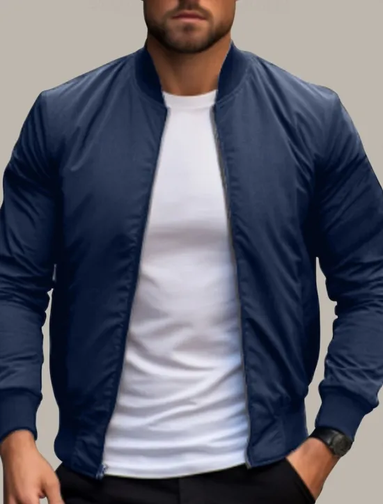 Outlet OUKU Men's Bomber Jacket Transition Jacket Daily Wear Lightweight Zipper Summer Spring Plain Streetwear Collar Regular Black Red Dark Blue Gray Jacket