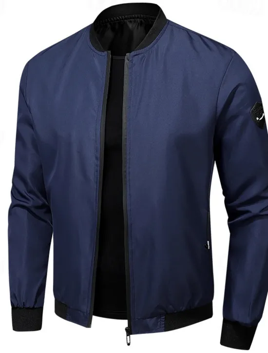 Outlet OUKU Men's Bomber Jacket Transition Jacket Going out Pocket All Seasons Plain Casual Standing Collar Regular Black Blue Army Green Jacket Gray