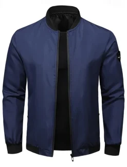 Outlet OUKU Men's Bomber Jacket Transition Jacket Going out Pocket All Seasons Plain Casual Standing Collar Regular Black Blue Army Green Jacket Gray