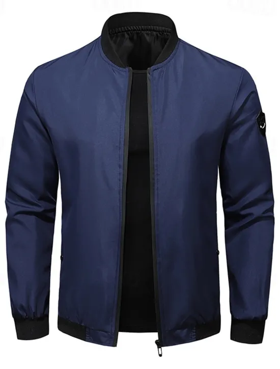 Outlet OUKU Men's Bomber Jacket Transition Jacket Going out Pocket All Seasons Plain Casual Standing Collar Regular Black Blue Army Green Jacket Gray