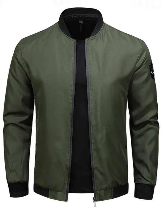 Outlet OUKU Men's Bomber Jacket Transition Jacket Going out Pocket All Seasons Plain Casual Standing Collar Regular Black Blue Army Green Jacket Gray