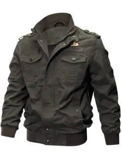 Sale OUKU Men's Bomber Jacket Utility Jacket Transition Jacket Varsity Jacket Outdoor Sports Windproof Warm Embroidered Zipper Winter Solid Colored Military Stand Collar Short Cotton Black Khaki Army Green