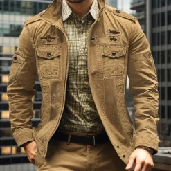 New OUKU Men's Bomber Jacket Varsity Jacket Tactical Jacket Casual Wearable Multi Pocket Spring Fall Winter Military Military Style Stand Collar Regular Cotton Black Khaki Army Green Jacket