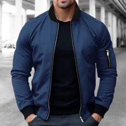 OUKU Men's Bomber Jacket Varsity Jacket Outdoor Sport Warm Pocket Fall Winter Plain Fashion Streetwear Stand Collar Short Black Blue Red & White Green Khaki Jacket