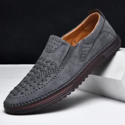 Clearance OUKU Men's Breathable Slip-On Loafers - Perforated Faux Suede Casual Shoes with Woven Detailing and Anti-Slip Sole