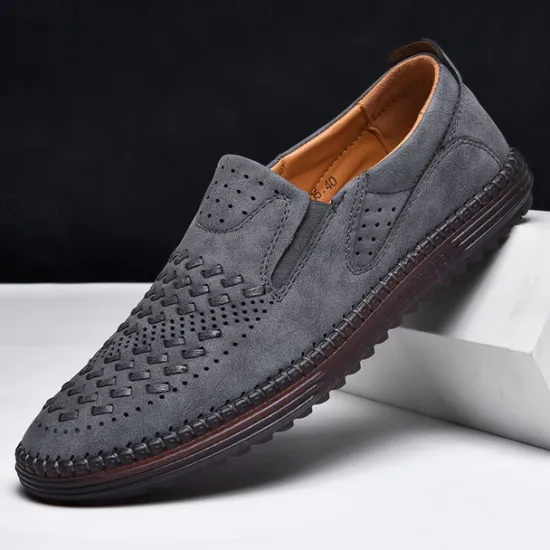 Clearance OUKU Men's Breathable Slip-On Loafers - Perforated Faux Suede Casual Shoes with Woven Detailing and Anti-Slip Sole