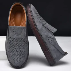 Clearance OUKU Men's Breathable Slip-On Loafers - Perforated Faux Suede Casual Shoes with Woven Detailing and Anti-Slip Sole