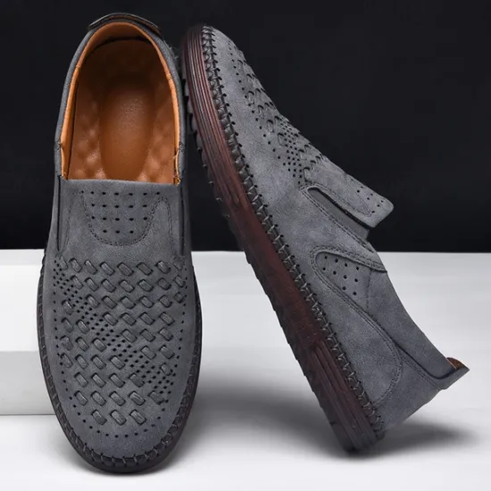 Clearance OUKU Men's Breathable Slip-On Loafers - Perforated Faux Suede Casual Shoes with Woven Detailing and Anti-Slip Sole